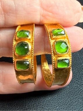 JULIE VOS 24K Gold Plated Green Glass Hoop Earrings 1.25"